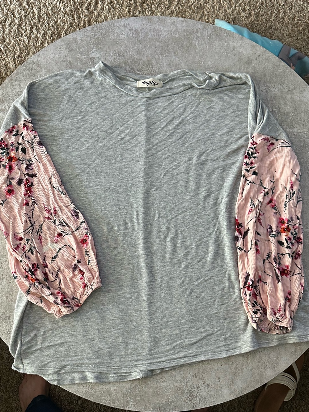 Gray Knit Top with Pink Floral Balloon Sleeves